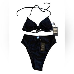 Relleciga black bikini string top with high cut high waist bottoms sz small NWT